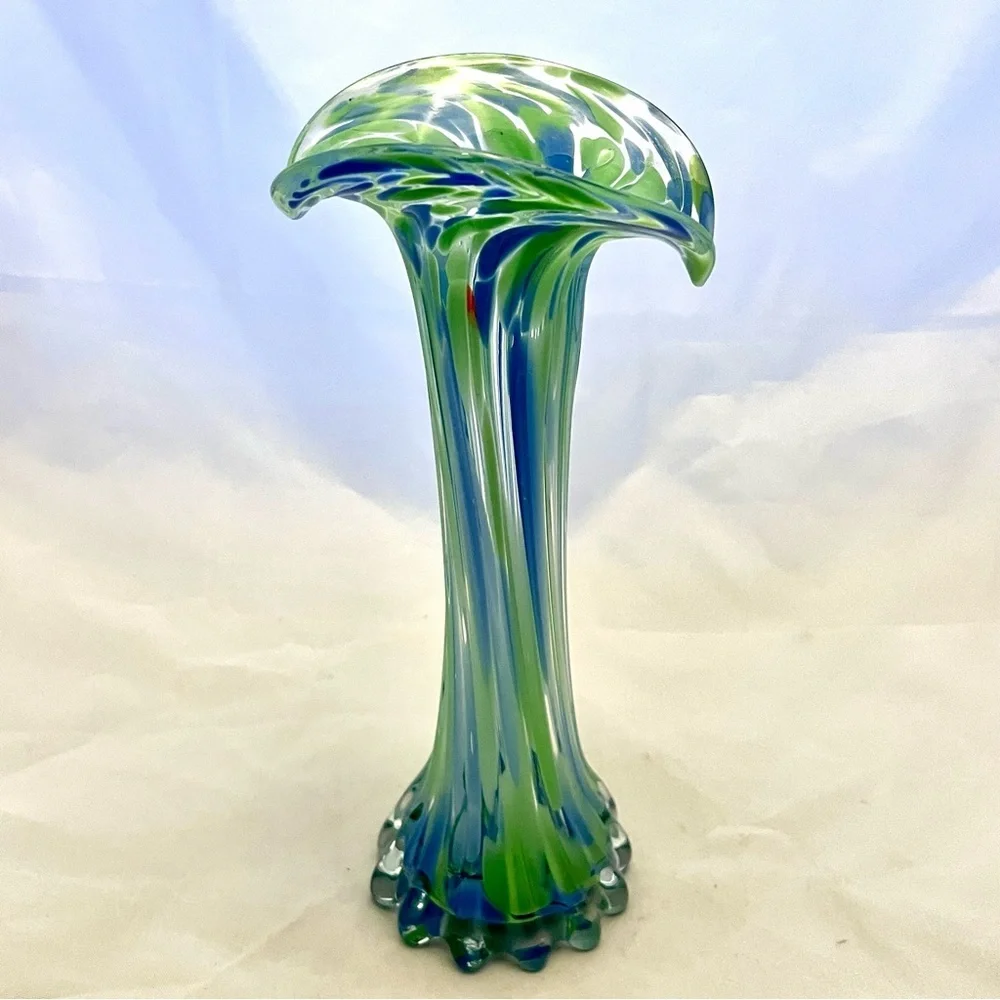 Hand Blown Stretch Glass Vase Jack In The Pulpit Blue Green, EUC